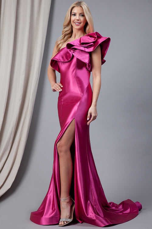 This gown features a one-shoulder neckline with dramatic ruffle detailing, a fitted silhouette with a skirt slit and a hem. The jersey fabric offers comfort and flexibility. Style this dress to make it your own at your next prom, pageant or formal event.  ACE 5042