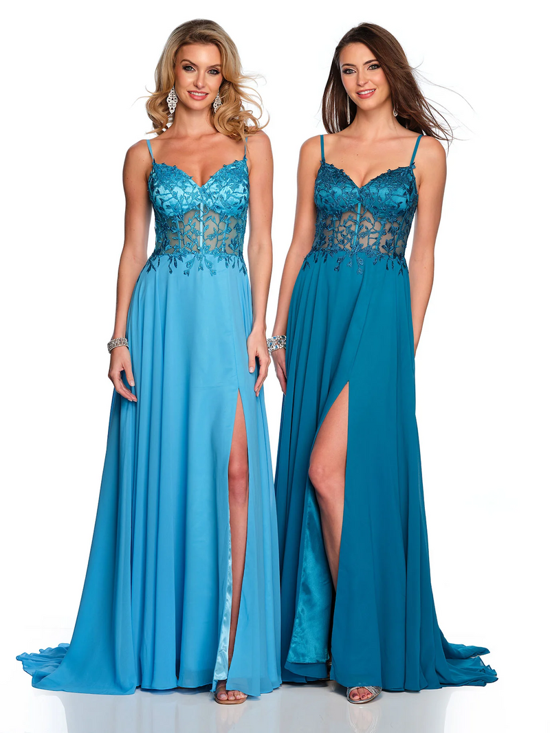 This fun chiffon gown features a semi-sheer lace bodice with a flowy skirt. Gwen also has an open back with delicate applique, making it the perfect dress for your upcoming prom.&nbsp;

DJ&nbsp;A10364