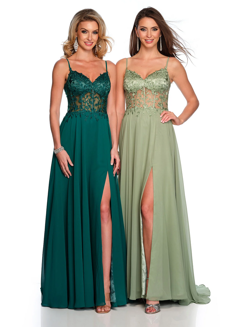 This fun chiffon gown features a semi-sheer lace bodice with a flowy skirt. Gwen also has an open back with delicate applique, making it the perfect dress for your upcoming prom.&nbsp;

DJ&nbsp;A10364