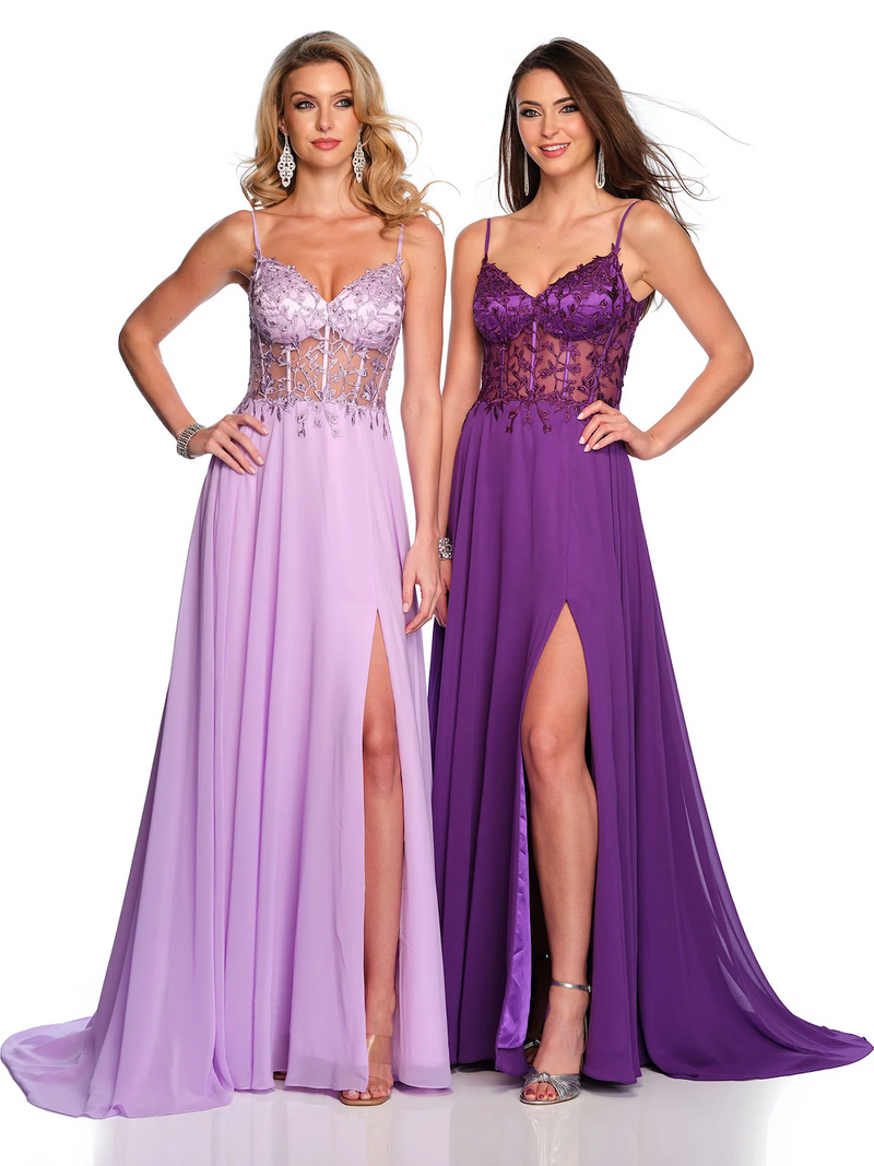 This fun chiffon gown features a semi-sheer lace bodice with a flowy skirt. Gwen also has an open back with delicate applique, making it the perfect dress for your upcoming prom.&nbsp;

DJ&nbsp;A10364