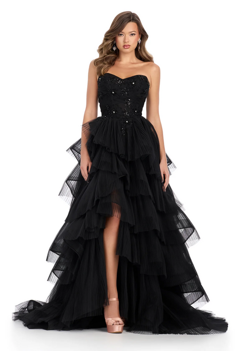 This tiered tulle gown features a sweetheart strapless neckline. The bustier is adorned with floral details that trickle down the skirt. This dress is dramatic and unique and could be ideal for your next pageant, prom or formal event.

Ashley Lauren 11845