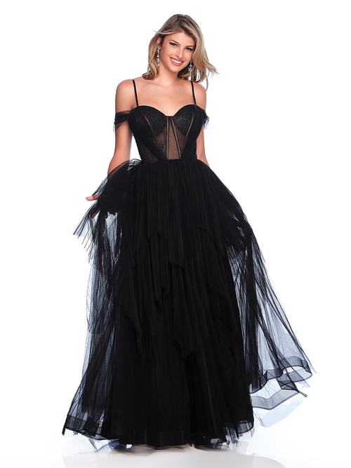 This dress features a sweetheart neckline with spaghetti straps and an off-the-shoulder detail. The skirt has layered tulle which creates volume for the A-line silhouette. This dress is playful and could be just the vibe for your next prom or formal event.

DJ 11854