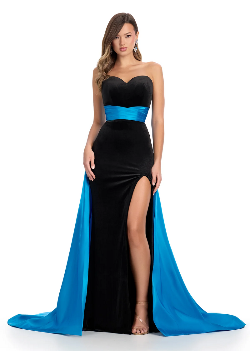 This Ashley Lauren gown features a fitted silhouette, velvet fabric, sweetheart neckline, and shiny satin fabric to create a dramatic overskirt. Pair this dress with some sparkly earrings for the perfect pageant look.

Ashley Lauren 11857&nbsp;