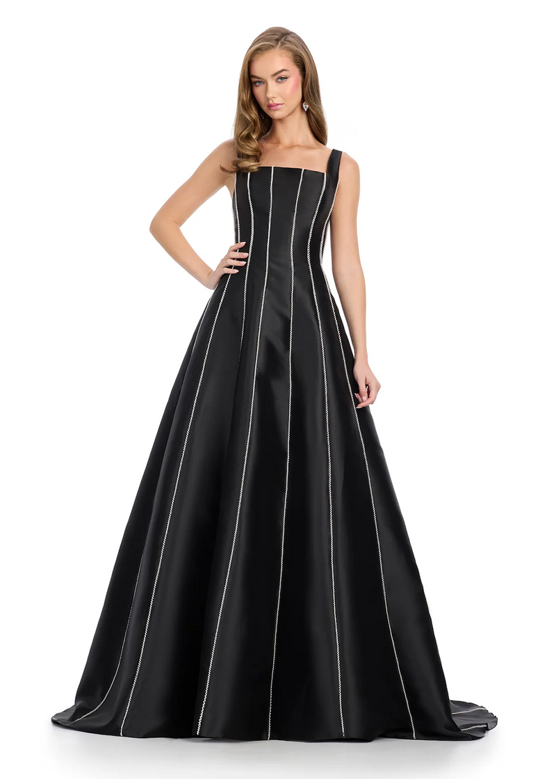 This stunning gown features a classic ball gown silhouette, structured mikado fabric with timeless looking pearl trim. Pair this dress with some fun earrings for a classy and fun prom look.&nbsp;

Ashley Lauren 11882