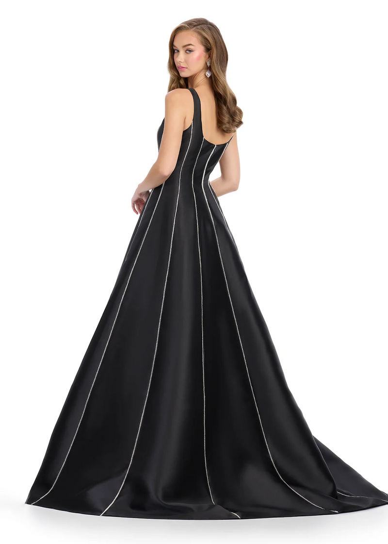 This stunning gown features a classic ball gown silhouette, structured mikado fabric with timeless looking pearl trim. Pair this dress with some fun earrings for a classy and fun prom look.&nbsp;

Ashley Lauren 11882