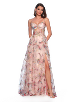 This dress features an A-Line silhouette, a sweetheart neckline with an exposed corset and tulle floral printed fabric, and a skirt slit. Pair this dress with dainty heels for your next prom or formal event.&nbsp;

DJ 12075