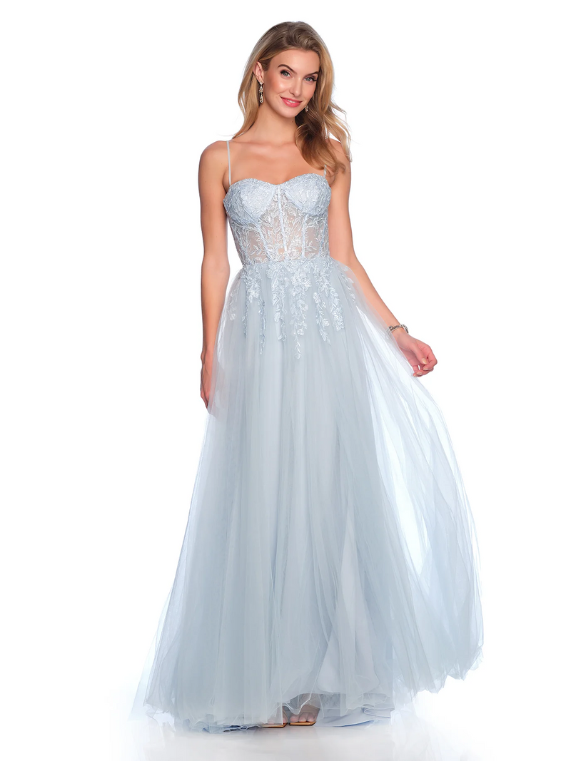 This dress features a sweetheart neckline with a sheer corset bodice embellished with lace and spaghetti straps. With a lace-up back and tulle fabric it creates an A-line silhouette which may be perfect for your next prom or formal event!

DJ 12090