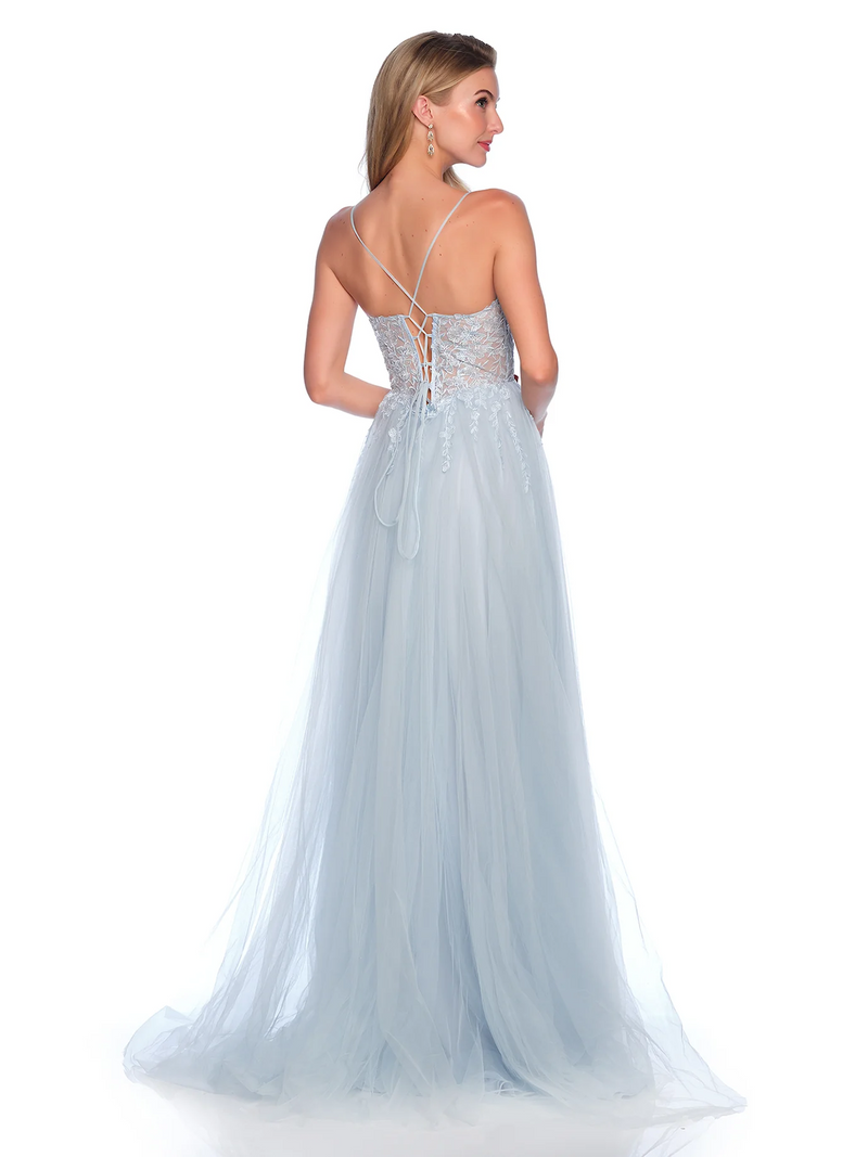 This dress features a sweetheart neckline with a sheer corset bodice embellished with lace and spaghetti straps. With a lace-up back and tulle fabric it creates an A-line silhouette which may be perfect for your next prom or formal event!

DJ 12090