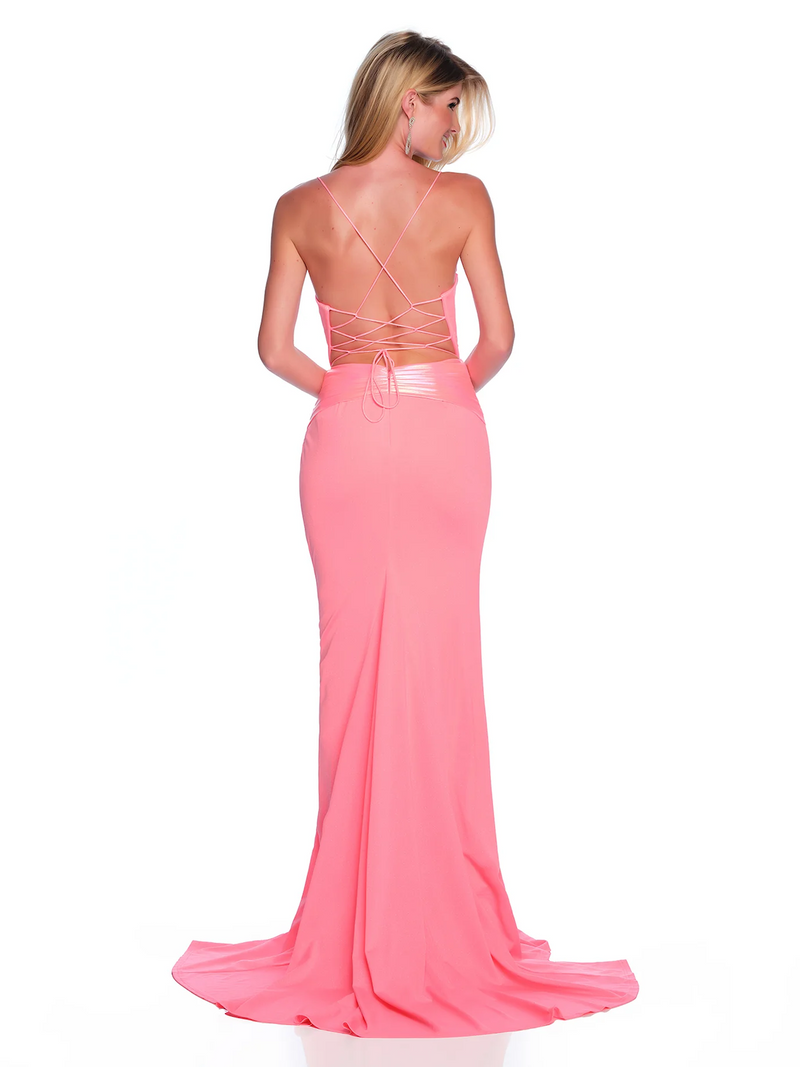 This dress features a fitted silhouette, stretchy jersey fabric, a corset bodice, a basque waist, a lace-up back, and a skirt slit. Pair this dress with simple heels for the perfect prom look.&nbsp;

DJ 12282