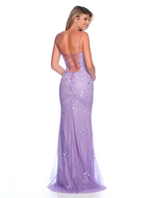 This dress features a straight-across neckline and an open lace-up back. The fitted silhouette pairs perfectly with the lace-applique design. Style this dress to make it your own at your next prom or formal event.

DJ 12314