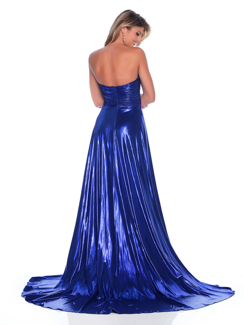 This stunning gown features a strapless sweetheart neckline, a ruched detailing on the bodice with small keyholes. The skirt is flowy and slightly A-line with a slit and a train creating movement. This dress may be the perfect choice for your next prom or formal event!

DJ 12328