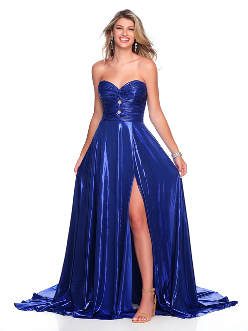 This stunning gown features a strapless sweetheart neckline, a ruched detailing on the bodice with small keyholes. The skirt is flowy and slightly A-line with a slit and a train creating movement. This dress may be the perfect choice for your next prom or formal event!

DJ 12328