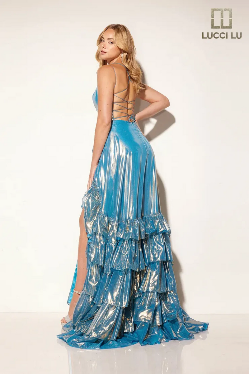 This dress has a straight across neckline with dual spaghetti straps and a lace-up back. The skirt has tiered ruffle layers with a skirt slit and metallic fabric.&nbsp;

LU 1365