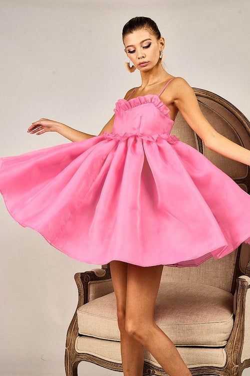 This cocktail babydoll dress features a ruffle edge neckline, with spaghetti straps and an empire waistline. This dress is playful and unique and could be ideal for your next homecoming or formal event.&nbsp;  BB ID1168