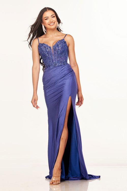 This dress features a sweetheart neckline with an illusion plunge, a lace bodice with corset boning, a lace-up back with spaghetti straps. The fitted silhouette has a skirt slit allowing for movement. Style this dress to make it your own at your next prom or formal event.

CAC 2601