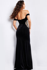 This showstopping Jovani gown features a fit and flare silhouette, off the shoulder neckline, velvet fabric, and intricate beaded detailing on the side of the waist. Pair this dress with statement earrings for the perfect pageant or black tie look.&nbsp;

Jovani 36733A