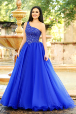 This show-stopping dress features a full ball gown silhouette, a one-shoulder neckline with a bully beaded bodice and a full skirt. Pair with statement earrings for the perfect prom or pageant look.&nbsp;

Ava Presley 37385&nbsp;