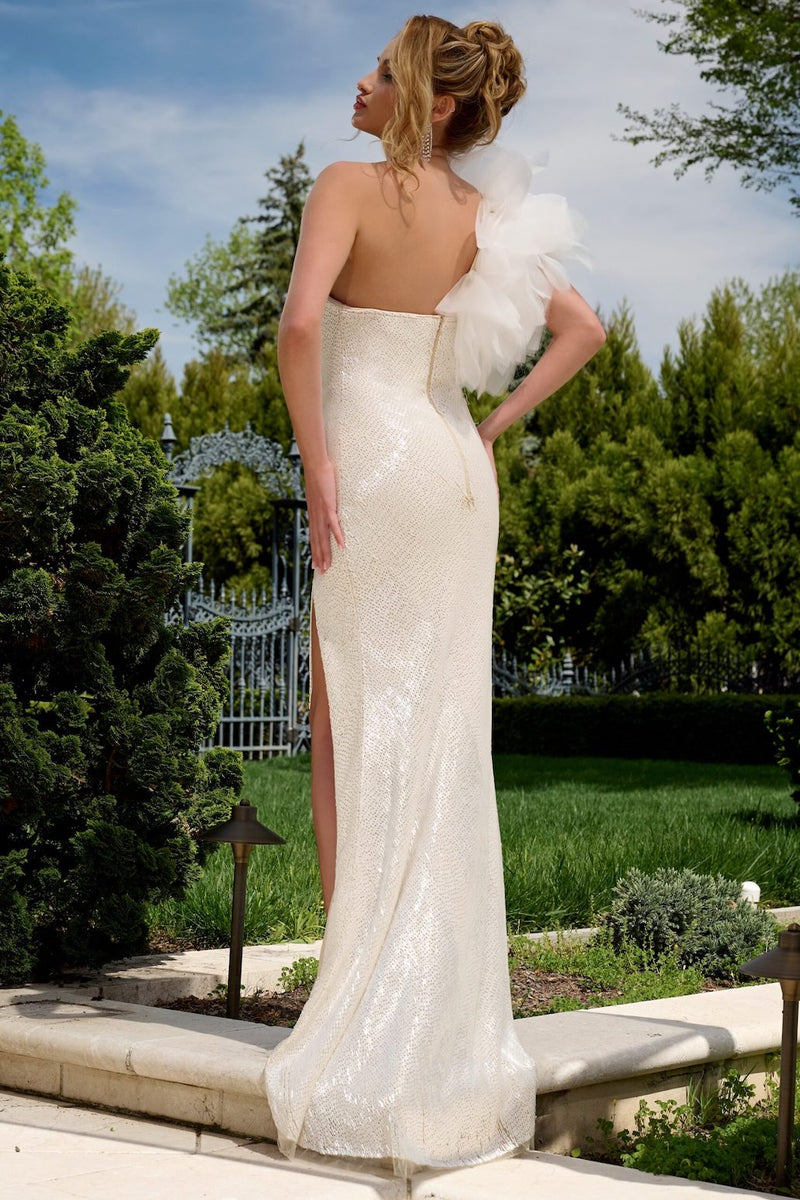 This elegant Jovani gown features a one-shoulder mermaid silhouette, delicate off-white sequin fabric, and a slit. Pair this dress with statement earrings to bring together the perfect pageant or formal event look.&nbsp;

Jovani 39617A