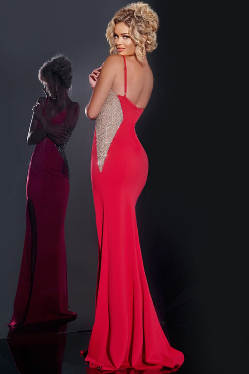 This stunning gown features a plunging V-neckline with spaghetti straps, a fitted silhouette with crystal beaded detailing covering the cutouts that create a unique design. This dress may be perfect for your next pageant or formal event.

Jovani 42002A