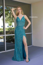 This dress features a V-neckline with adjustable spaghetti straps, a lace-up back, and a fitted silhouette. This gown is fully sequined and beaded in an intricate pattern. This dress is glamorous and could be ideal for your next prom or formal event.

PV 4306