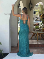 This dress features a V-neckline with adjustable spaghetti straps, a lace-up back, and a fitted silhouette. This gown is fully sequined and beaded in an intricate pattern. This dress is glamorous and could be ideal for your next prom or formal event.

PV 4306