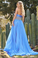 This dress features a strapless neckline with pleated chiffon fabric, beaded artwork on the bodice and a skirt slit. This could be ideal for your next pageant, prom or formal event.

Sherri Hill 55753