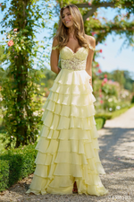 This Sherri Hill gown features a leaf lace corset top, with delicate leaf lace straps, and a chiffon ruffle skirt with a slit. A stunning choice for your next prom or pageant.&nbsp;

Sherri Hill 56868