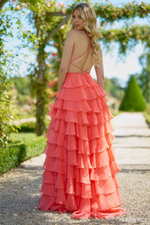 This A-line gown features a leaf lace top and a chiffon ruffle-tiered skirt with a slit. Choose this stunning dress for your next prom or formal event!

Sherri Hill 56866