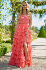 This A-line gown features a leaf lace top and a chiffon ruffle-tiered skirt with a slit. Choose this stunning dress for your next prom or formal event!

Sherri Hill 56866