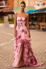 This dress features a strapless neckline with a floral taffeta fabric, a chiffon ruffle skirt creating a mermaid silhouette. This is a unique choice for your next prom or formal event.

Sherri Hill 57144