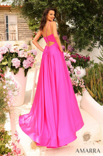 This dress features a scoop neckline, spaghetti straps, a bodice with corset boning, a lace-up back with a cutout, an A-line silhouette with a slit, and satin fabric. This dress has unique details that make it ideal for any prom or formal occasion.  AUA 88850