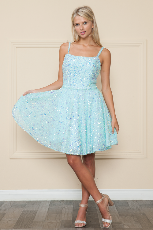 This cocktail dress features sequin velvet knit fabric with a square neckline detachable spaghetti straps, an open lace-up back, and an A-line silhouette. Choose this dress for your next homecoming, sweethearts or formal event.   PY 8930