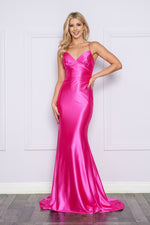 This gown features a fitted silhouette, shiny jersey fabric, a deep V-neckline, and an intricate lace-up back. Add a pair of statement earrings to this dress for the perfect prom or formal event look.

PY 9256