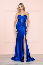 This dress features a strapless sweetheart neckline with a bodice detailed with corset boning and an illusion keyhole and pleating. The fitted silhouette is paired with a slit. This dress is unique and could be just the vibe for your next prom or formal event!

PY 9574