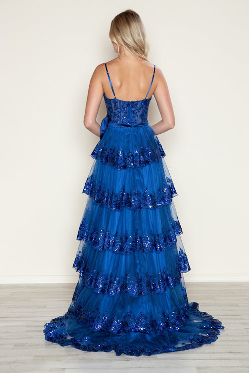 This dress features a sweetheart neckline with spaghetti straps and sequin lace and layered tiers. This dress is playful and unique and could be ideal for your next prom or formal event.

PY 9626