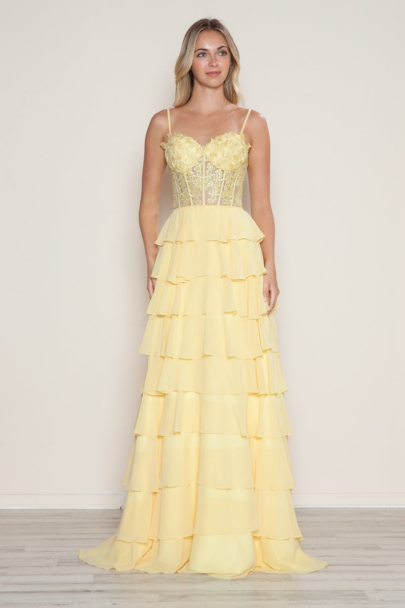 This dress features chiffon fabric with a lace embroidered bodice and corset boning, and a lace-up back. The silhouette is A-line with a ruffle-tiered skirt. This dress can be styled to make it your own at your next prom or formal event!

PY 9698