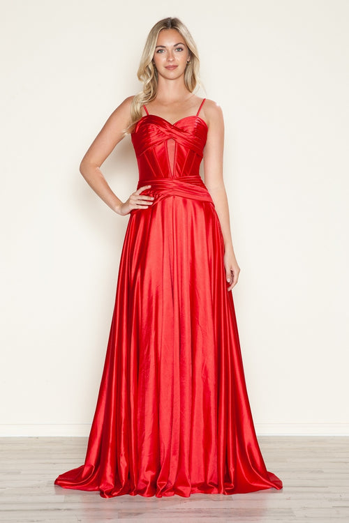 This dress features a sweetheart neckline with spaghetti straps and a drop waist bodice with a keyhole. The stretch satin offers an A-line silhouette which may be just the vibe for your next prom or formal event.

PY 9700