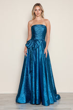 This dress features a strapless neckline with a ruched bodice that has a dramatic bow at the waistline. The metallic taffeta fabric offers an iridescent effect and the A-line silhouette photographs beautifully. This dress may be perfect for your next prom or formal event.

PY 9720