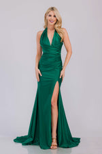 This dress features a fitted silhouette, halter neckline, skirt slit, shiny jersey fabric, and ruching along the bodice. Pair this dress with exciting earrings for your next prom or formal event look.&nbsp;

ACE 3040