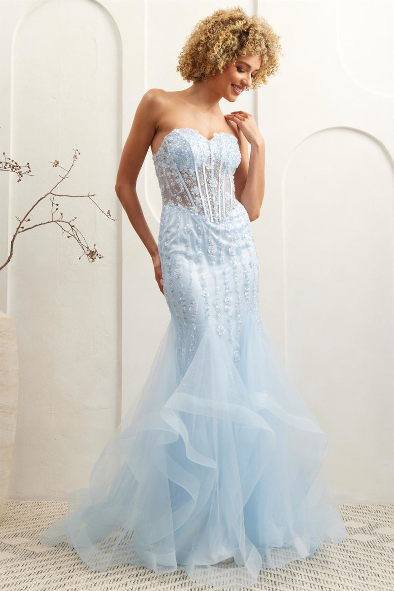 This gown features a mermaid silhouette, strapless sweetheart neckline, lace upback, a sheer corset bodice, with beading and 3D floral applique. Pair this dress with sparkly earrings for the perfect prom look.

ACE 8002