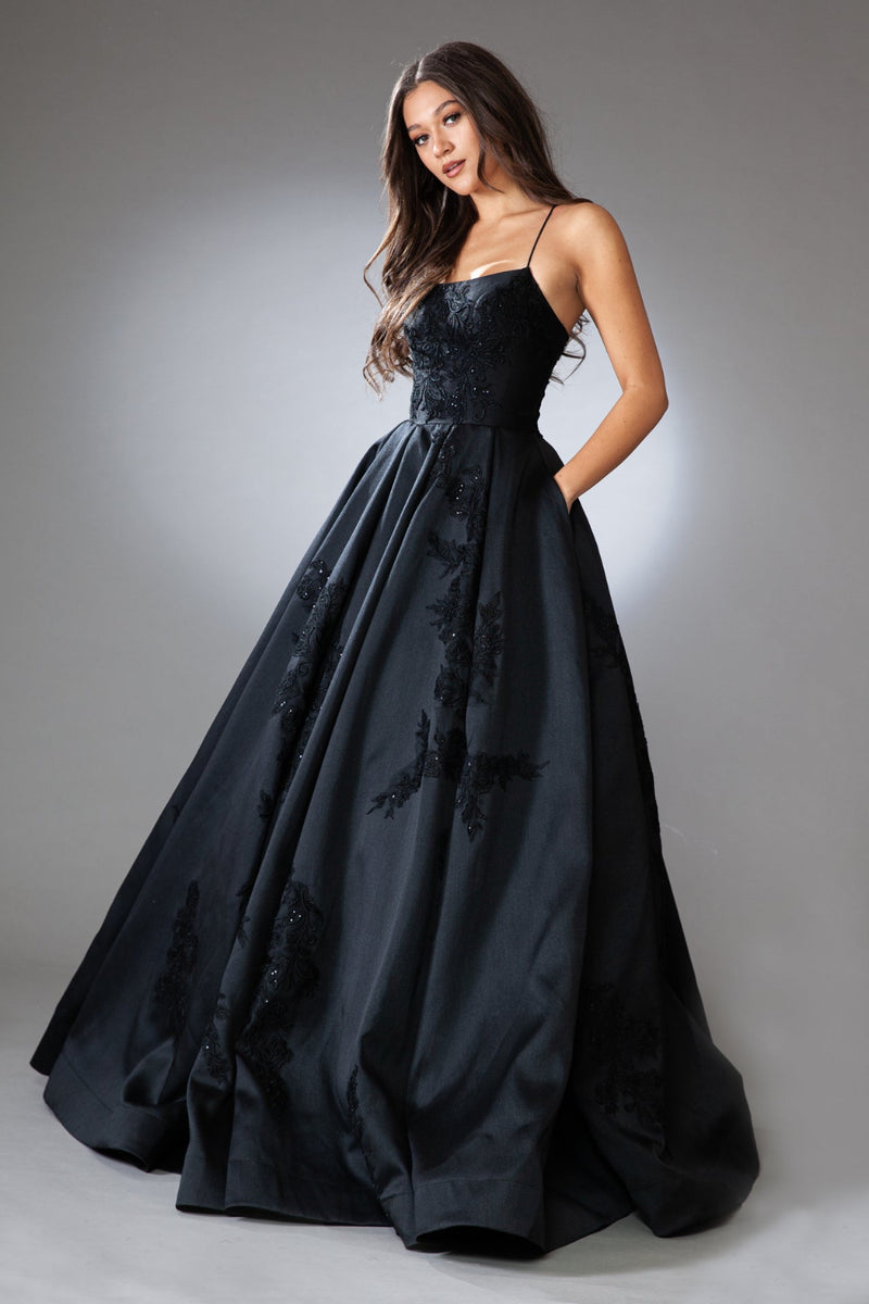 This stunning gown features a square neckline, A-Line silhouette, lace up back, and satin fabric with lace and beaded applique. Add a pair of simple heels for the perfect prom look.&nbsp;

ACE SU074