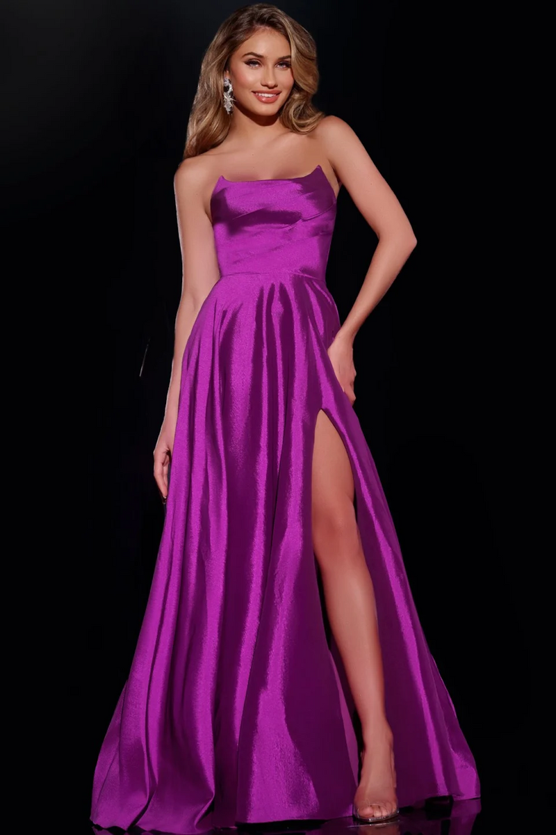 This dress features a strapless neckline with an A-line silhouette and a skirt slit. This gown is simple and could be styled to make it your own at your next prom or formal event.

Jovani D5822A