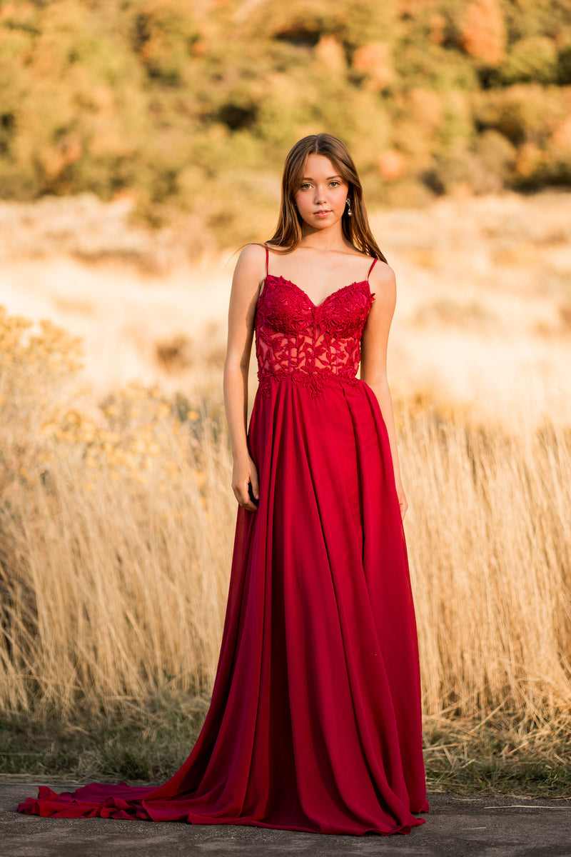 This fun chiffon gown features a semi-sheer lace bodice with a flowy skirt. Gwen also has an open back with delicate applique, making it the perfect dress for your upcoming prom.&nbsp;

DJ&nbsp;A10364