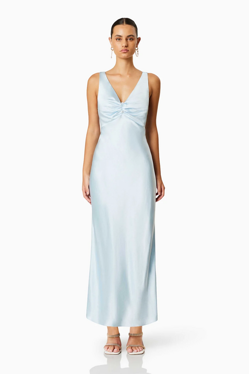 This midi slip dress features a plunge neckline with a gathered front, gold hardware and luxe satin fabrication. This dress is effortless and could be perfect for your next homecoming, or formal event.   ELT EC8052421