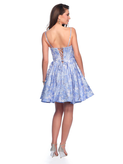 This cocktail dress features brocade fabric, with a sweetheart neckline, spaghetti straps and corset boning in the bodice. The silhouette is an A-line with a lace-up back for a perfect fit. This dress may be ideal for your next homecoming or formal event.  DJ 11960