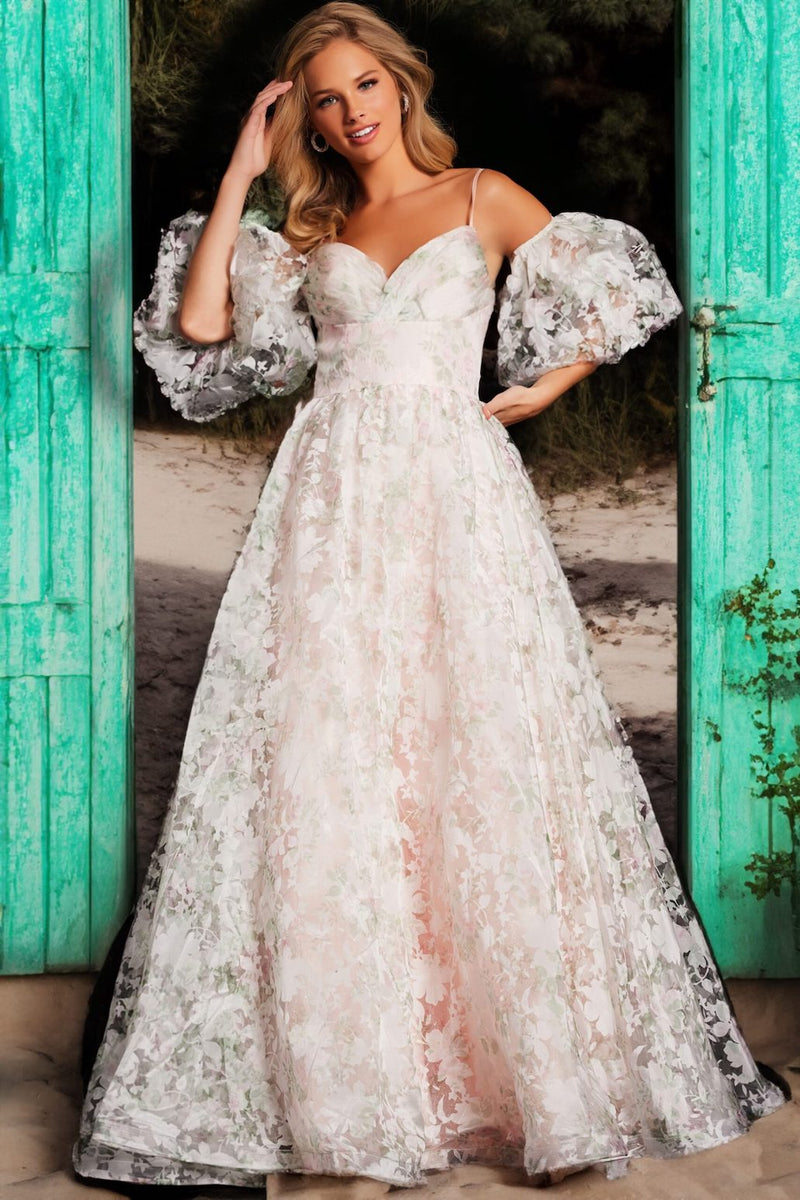 This elegant Jovani gown features a ballgown silhouette, a sweetheart neckline, floral print fabric and puff sleeves. This dress is perfect for a fun and playful prom look.&nbsp;

Jovani 37531A