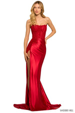 Valea is a fun strapless dress with a corset lace bodice and a high slit. Pair this unique gown with simple accessories to complete your prom or pageant look.  Sherri Hill&nbsp;55419