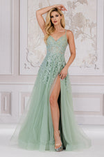 This classic dress features an A-Line silhouette, V neckline, sheer bodice. lace and stoned applique, and a lace up back. Add a pair of simple heels and sparkly earrings for the perfect prom look.&nbsp;

ACE TM1006