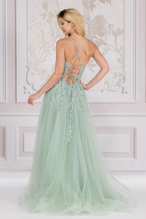 This classic dress features an A-Line silhouette, V neckline, sheer bodice. lace and stoned applique, and a lace up back. Add a pair of simple heels and sparkly earrings for the perfect prom look.&nbsp;

ACE TM1006