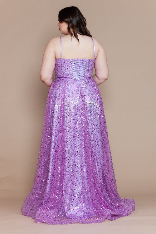 This dress features a straight across neckline with adjustable spaghetti straps and a lace-up back. The fabric is fully sequin with an A-line silhouette, a slit and pockets. This dress is glamorous and could be ideal for your next prom or formal event.

PY W1142